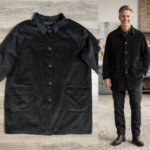 Vintage 1990s Hunters Run 1X Mens Black Corduroy Chore Coat Ramie Cotton Barn